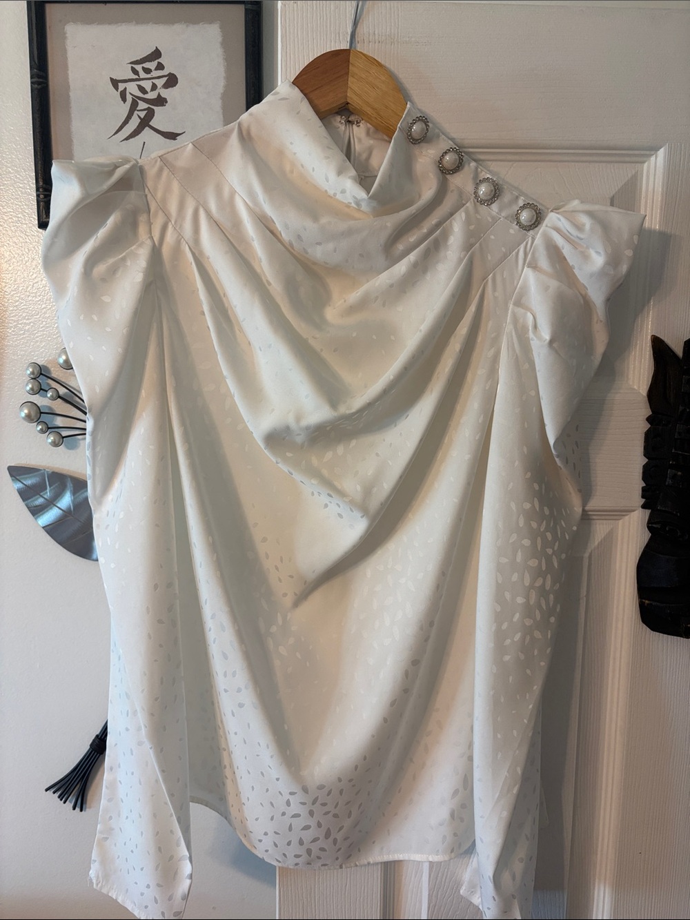 Aqua Ivory Draped Shoulder Blouse with Decorative Buttons